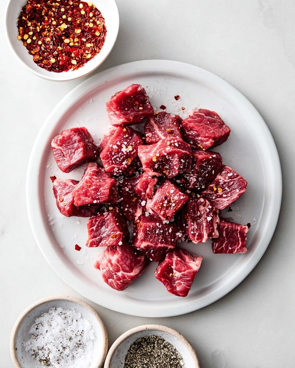A white round plate holds about twenty raw beef cubes with a rich red color and marbled white fat. The cubes are spread loosely across the plate in a single layer, sprinkled with coarse salt, cracked black pepper, and red chili flakes that add specks of white, black, and red on top. Above the plate, a small white bowl contains more red chili flakes. Below the plate, two small round bowls sit on a white marbled surface, one filled with coarse salt and the other with cracked black pepper. The scene is bright and clean. photo taken with an iphone --ar 4:5 --v 7