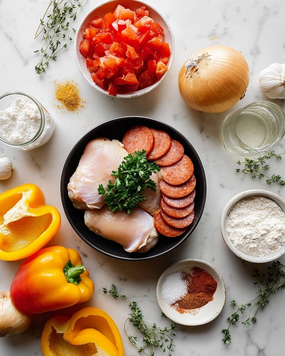 A top-down view of raw ingredients arranged on a white marbled surface, with a black bowl in the center containing three pieces of raw pale pink chicken thighs layered next to several slices of red sausage, topped with a small bunch of fresh green parsley in the middle. Around the bowl, there are two whole yellow onions, a clove of garlic, a halved red bell pepper showing its seeds, a whole yellow bell pepper, and small white bowls with coarse salt and reddish-brown spices. There is also a white cup with bright red diced tomatoes, a small glass jar with clear liquid, a pile of white flour in a black bowl, and scattered fresh thyme and parsley sprigs. The scene is bright and clean, with soft natural light and clear textures. Photo taken with an iphone --ar 4:5 --v 7