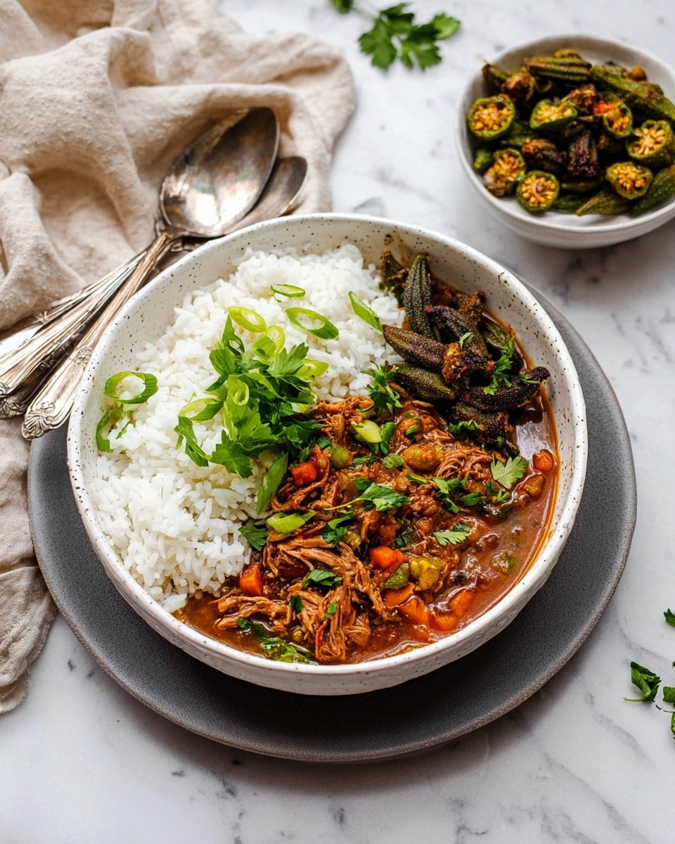 A white speckled bowl sits centered on a gray plate, filled with three main layers: the first is white rice on the left side topped with a few light green sliced scallions and flat parsley leaves, next to a rich brown stew filled with shredded meat, small orange and red pieces, and a few bright green herb leaves scattered on top, and lastly a pile of dark roasted okra pieces on the stew's right side. In the top right corner, there is a small white bowl filled with similar roasted okra. The background is a white marbled texture with a beige cloth napkin folded on the left side, holding a silver spoon and fork. Photo taken with an iphone --ar 4:5 --v 7