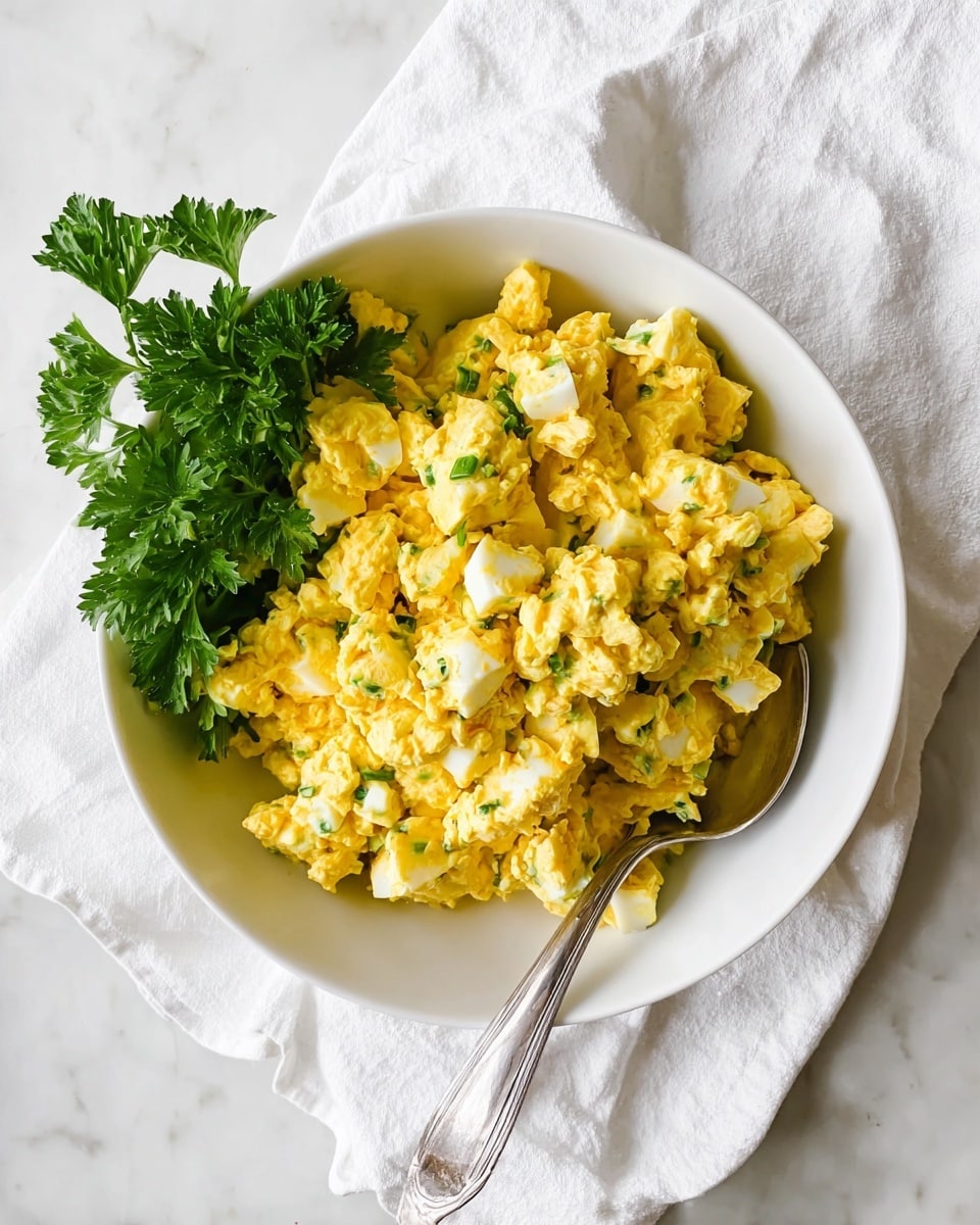 A white bowl filled with a chunky yellow mixture that looks like egg salad with visible pieces of chopped hard-boiled eggs and small green bits mixed in, sitting on a white marbled surface covered with a white cloth. The salad has a creamy, slightly lumpy texture and a bright yellow color. A silver spoon rests inside the bowl at the right side. On the left side of the bowl, there is a small bunch of fresh green parsley leaves placed on top of the cloth. Photo taken with an iphone --ar 4:5 --v 7