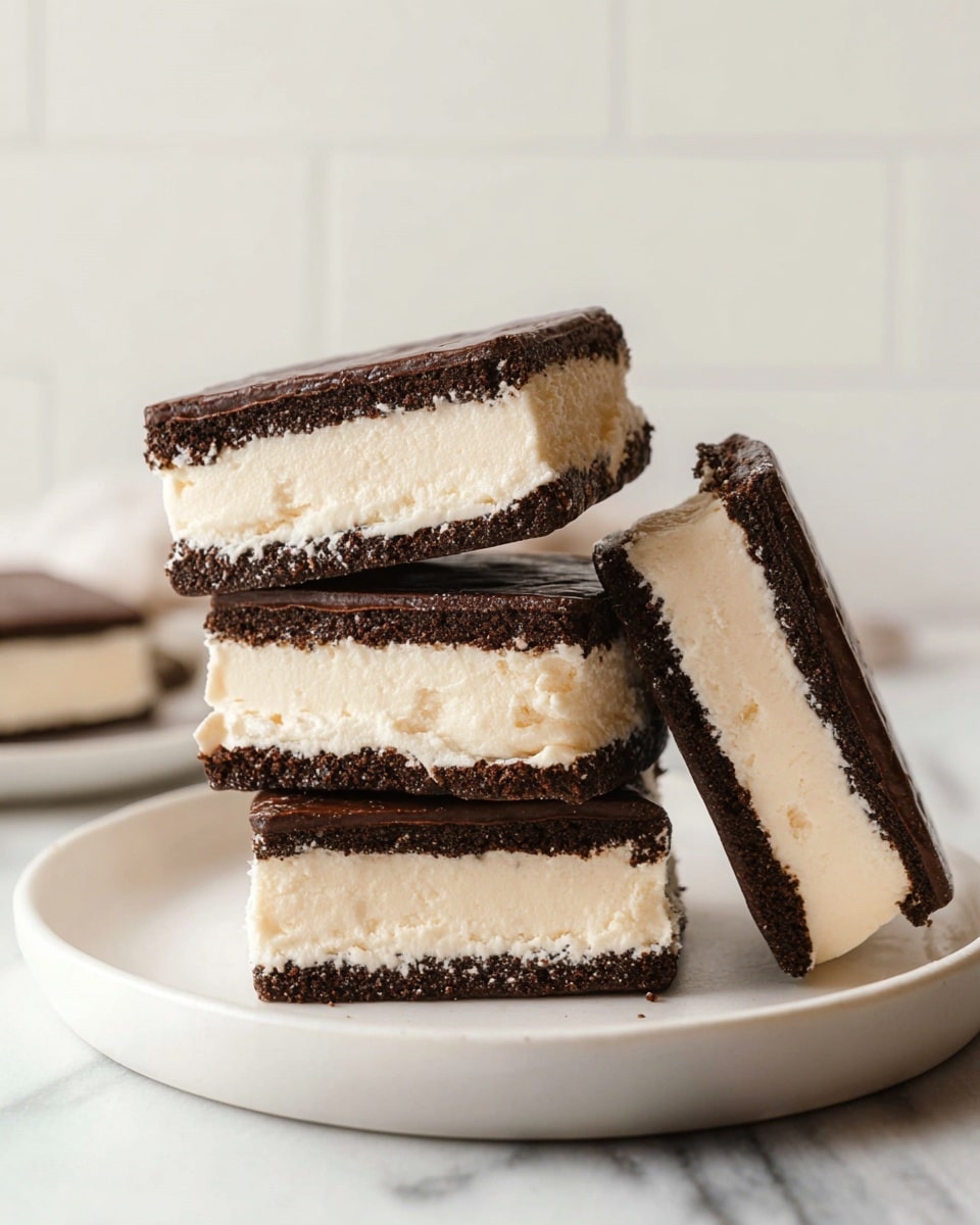 The image shows three ice cream sandwiches stacked on a white plate with a white marbled background. Each sandwich has three layers: two thin, dark brown cookie layers on the top and bottom with a smooth, creamy off-white ice cream layer in the middle. One sandwich leans on the stack at an angle, showing the thickness and texture of all layers clearly. The cookies have a slightly rough texture, and the ice cream is smooth and firm. The photo is taken with an iphone --ar 4:5 --v 7