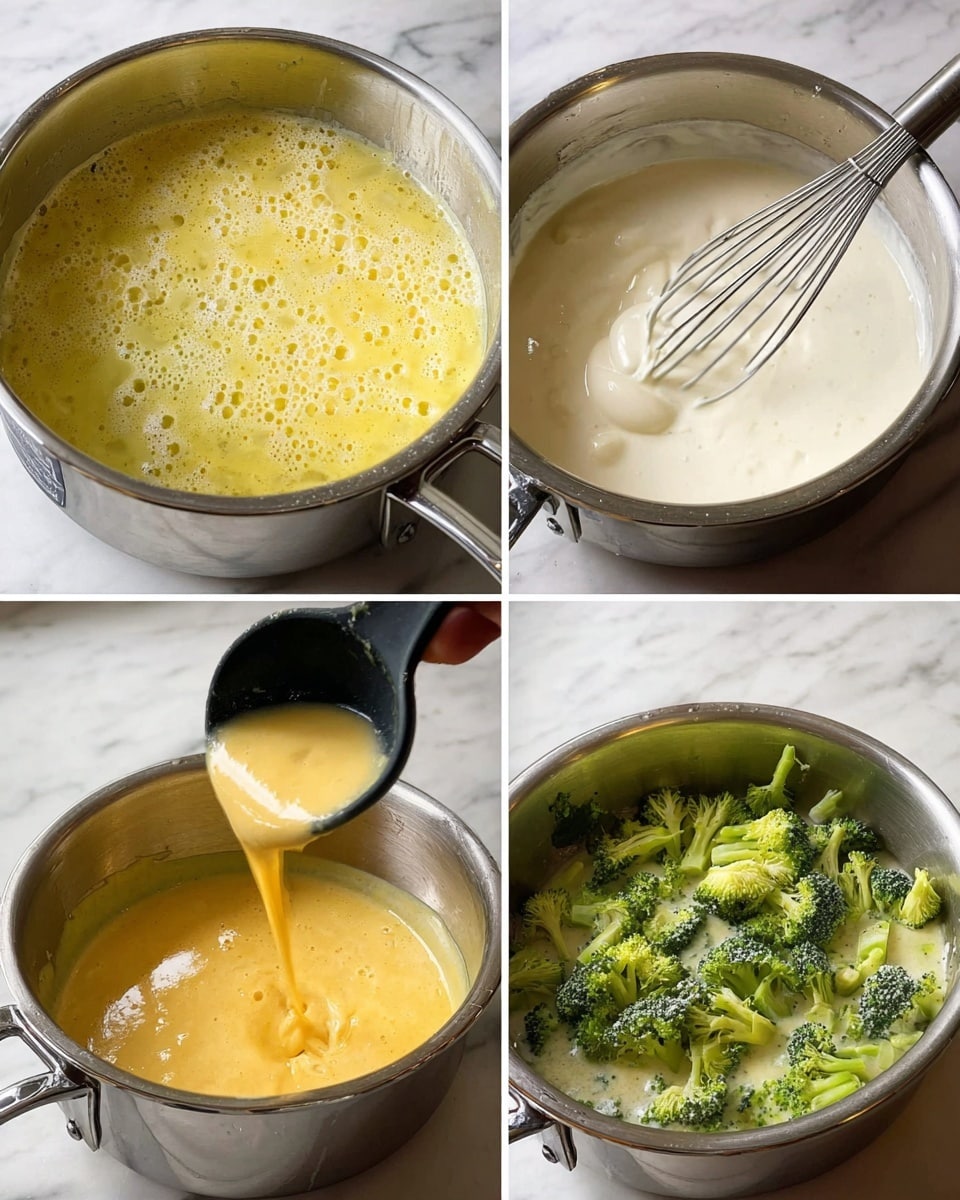 The image is a collage of four photos showing the making of a creamy broccoli cheese sauce. The first photo shows a saucepan with a yellow bubbling mixture being whisked, with small bubbles and a slightly lumpy texture. The second photo shows the sauce thickened into a smooth, creamy white mixture being whisked in the same saucepan. The third photo shows the sauce as a thick golden-yellow liquid being poured from a black spoon back into the saucepan. The fourth photo shows the finished sauce mixed with bright green broccoli florets in the saucepan, with the sauce thickly coating the broccoli. All photos have a white marbled surface beneath them and the saucepan is silver. Photo taken with an iphone --ar 4:5 --v 7