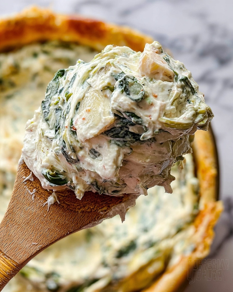 A close-up of a wooden spoon holding a thick scoop of creamy white dip mixed with green leafy bits and soft pale chunks, with a smooth, rich texture. The background shows more of this dip inside a round container with a golden-brown baked edge visible. The surface beneath is a white marbled texture. Photo taken with an iphone --ar 4:5 --v 7
