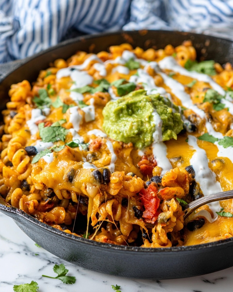 The image shows a close-up of a skillet filled with pasta that has three visible layers: the bottom layer is curly pasta mixed with black beans and bits of red tomato in a thick sauce with an orange hue; on top of that is a melted yellow cheese layer that is stretchy and gooey; lastly, the dish is topped with white creamy sauce drizzled over and a dollop of chunky green guacamole in the center, garnished with fresh green cilantro leaves scattered around. A fork is scooping some pasta from the right side, and the skillet rests on a white marbled surface with a striped blue and white cloth blurred in the background. photo taken with an iphone --ar 4:5 --v 7