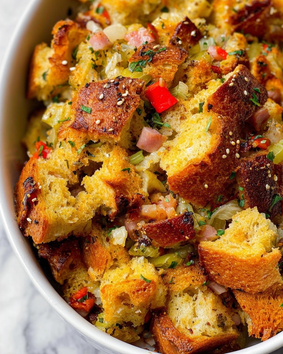 The image shows a close-up view of a baked stuffing dish in a white bowl. The stuffing has several layers made up of golden-brown toasted bread cubes, some with sesame seeds, mixed with chopped light yellow onions, pieces of red bell pepper, and green herbs scattered throughout. There are small chunks of pink-colored ham and bits of pale green celery, giving the dish a textured and colorful look. The bread pieces have a slightly crispy and crunchy surface with soft interiors visible, while the vegetables add a fresh contrast to the warm tones of the bread. The dish sits on a white marbled surface. Photo taken with an iphone --ar 4:5 --v 7