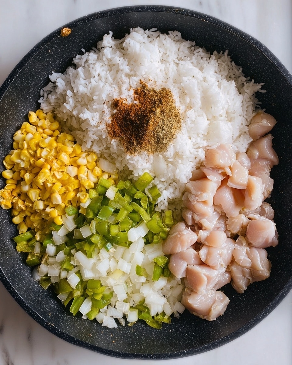 The image shows a black cooking pan with four main layers arranged side by side. On the left side, there is a mound of white rice topped with a small pile of brown spice powder. Below the rice, there is a small amount of yellow corn kernels. To the right of the rice is a layer of chopped green bell peppers mixed with white onion pieces. The bottom right section of the pan contains diced raw chicken pieces in a pale pink color. The pan sits on a white marbled surface. photo taken with an iphone --ar 4:5 --v 7