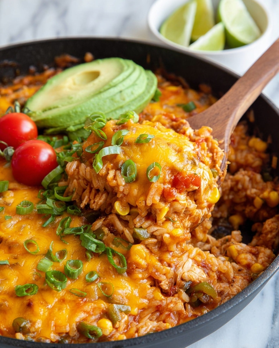 A close-up view of a cooked dish in a black pan, showing one main layer of cheesy rice mixed with pieces of corn, green peppers, and chunks of cooked chicken, all coated in a reddish sauce. The top is covered with bright yellow melted cheese with some orange tones. There are green sliced scallions and chopped herbs sprinkled on top, with halved cherry tomatoes adding red color and two slices of avocado placed on one side. A wooden spoon scoops up a portion of the dish, highlighting the texture of rice, sauce, and cheese. In the background, a white marbled surface holds a small white bowl with lime wedges. Photo taken with an iphone --ar 4:5 --v 7