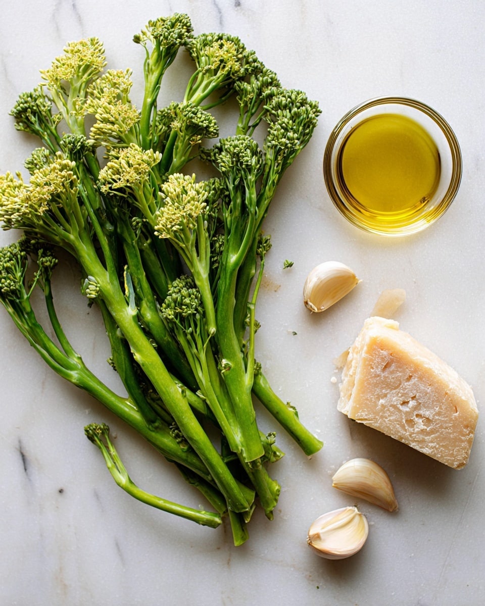 Several small bunches of green broccolini with light yellow flower tops spread out on a white marbled surface on the left side. Below them are three garlic cloves with pale brown skins. On the right is a small clear glass bowl filled with golden olive oil and a chunk of light beige parmesan cheese with a rough texture. The objects are arranged with space around them, giving a clean and simple look photo taken with an iphone --ar 4:5 --v 7