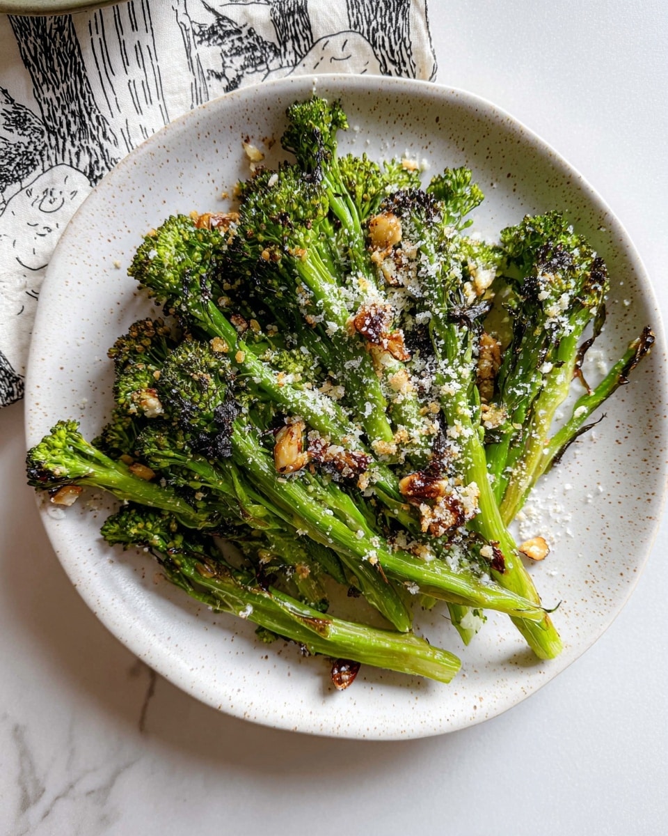 A white speckled plate holds a pile of roasted broccolini with charred green stems and slightly browned florets. Scattered among the broccolini are small browned garlic pieces, giving texture and depth. Light sprinkles of grated white cheese lightly cover parts of the broccolini, adding a fine layer on top. The plate rests on a white marbled surface with a partially visible cloth with black illustrations nearby. photo taken with an iphone --ar 4:5 --v 7