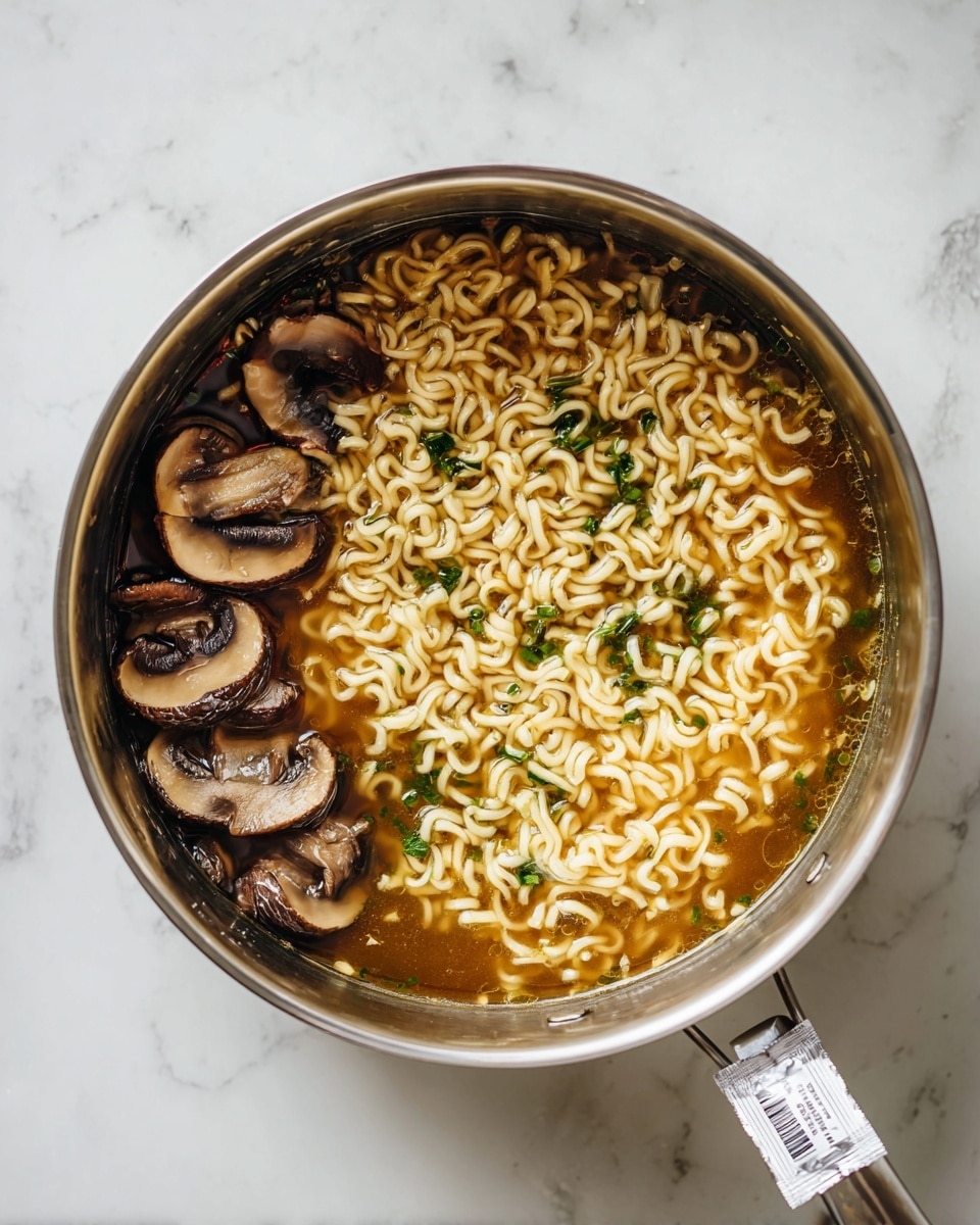 A metal pot filled with light yellow curly noodles in a light brown broth, with some green herbs scattered on top. On the left side, there is a layer of sliced brown mushrooms partially submerged in the broth, arranged neatly side by side. The pot sits on a white marbled surface, and the top right edge shows a small white seasoning packet attached to the pot handle. Photo taken with an iphone --ar 4:5 --v 7