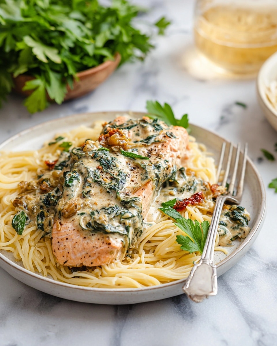 A white round plate holds a bed of pale yellow noodles as the base layer. On top sits a piece of cooked salmon covered with a creamy sauce mixed with green spinach and bits of sun-dried tomatoes, giving the sauce patches of dark green and red. The salmon is lightly pink and seasoned with black pepper. A few fresh green parsley leaves are placed on the salmon and around it for garnish. A silver fork rests on the right side of the plate. The plate is set on a white marbled surface, with a bowl of fresh green parsley and a glass of light golden drink visible in the blurred background. Photo taken with an iphone --ar 4:5 --v 7