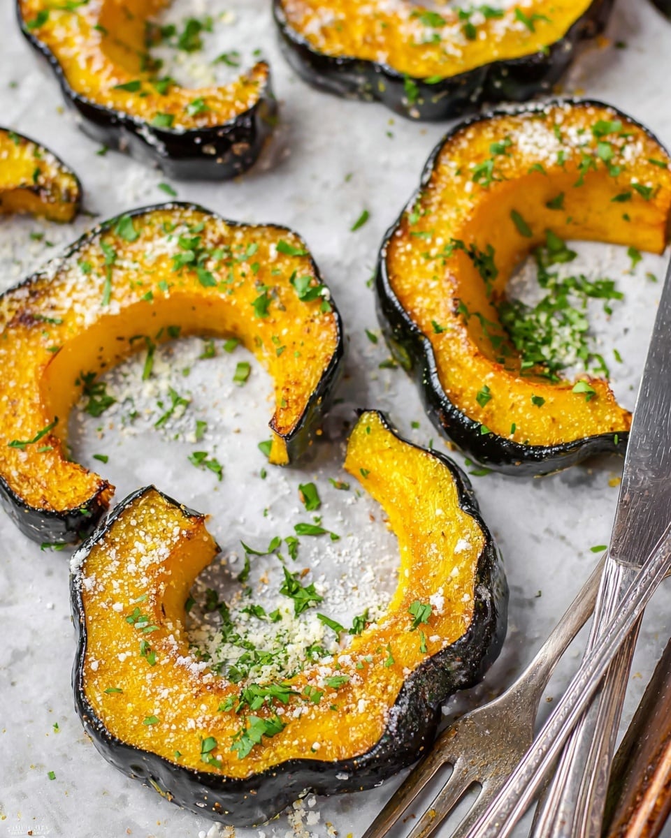 The image shows several slices of roasted acorn squash arranged on a baking sheet with a white marbled texture under them. Each slice has a dark greenish-black outer rind and bright golden-yellow soft flesh inside. The squash pieces are sprinkled evenly with small bits of white grated cheese and chopped fresh green herbs, adding texture and color contrast. The edges of the squash appear slightly crispy, while the surface looks tender and moist. A silver fork and knife rest on the top right corner of the baking sheet. photo taken with an iphone --ar 4:5 --v 7