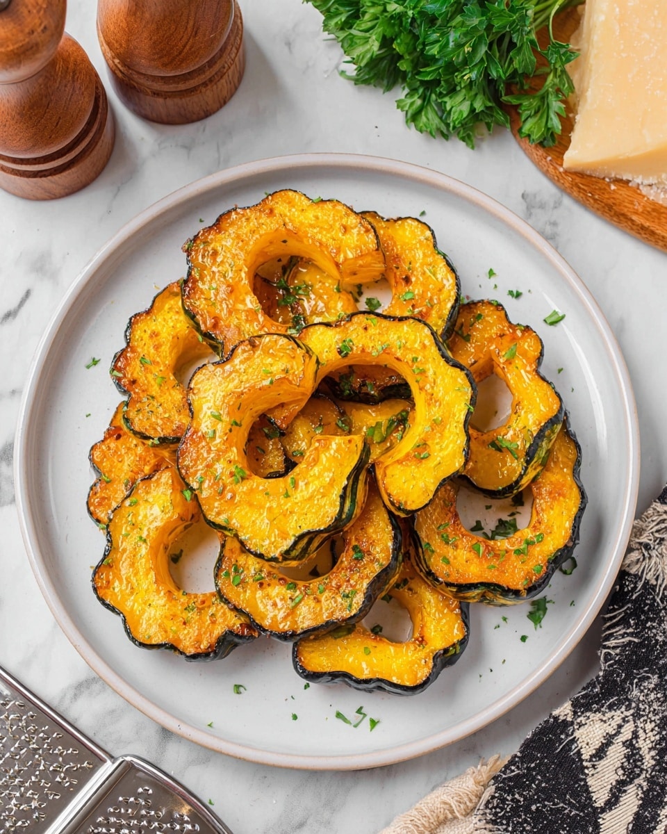 A white round plate holds about eight slices of roasted delicata squash stacked lightly on each other in the center. Each slice shows bright yellow-orange flesh with a slightly browned, crispy texture on top, surrounded by dark green skin with a scalloped edge. The squash is sprinkled with small green parsley flakes and some light white seasoning. The plate sits on a white marbled surface with wooden salt and pepper shakers and green parsley leaves partially visible in the top right corner. A wedge of pale yellow hard cheese and a silver grater are on the bottom right, and a black and white patterned cloth is partially visible in the bottom left corner. Photo taken with an iphone --ar 4:5 --v 7