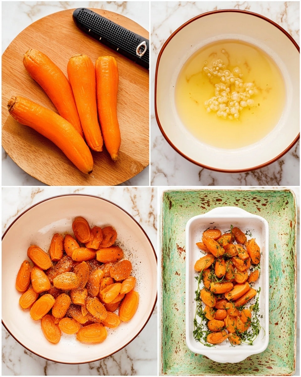 The image shows a four-step process of preparing cooked carrots on a white marbled surface. The top left section has three whole peeled orange carrots with a black peeler resting beside them on a wooden cutting board. The top right section shows a white bowl with a brown rim partly filled with a light yellow liquid with some minced pale pieces in the center. The bottom left section shows many carrot pieces cooked and seasoned with black pepper placed inside the same white bowl with a brown rim. The bottom right section contains the cooked carrot pieces now browned slightly and sprinkled with green herbs arranged in a rectangular white dish on a rustic green and white textured surface. Photo taken with an iphone --ar 4:5 --v 7