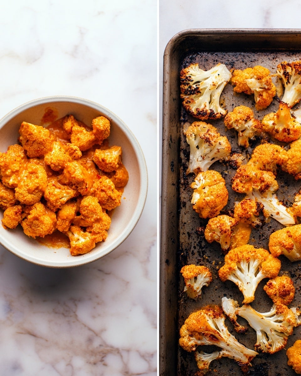 The first image shows a white bowl with small cauliflower pieces coated in a thick orange sauce, evenly covering each piece. The second image shows roasted cauliflower pieces on a dark baking sheet, with a golden-brown, slightly charred texture and crispy edges. The cauliflower pieces are scattered unevenly, showing white stems and bright orange roasted parts, with some blackened spots from roasting. The background has a white marbled texture. photo taken with an iphone --ar 4:5 --v 7