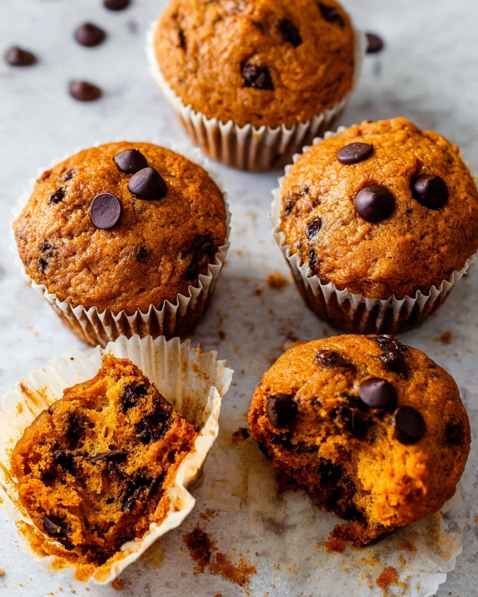 The image shows a group of five muffins on a white marbled surface. Four muffins are whole with a slightly rough, golden-brown top, each topped with two or three dark chocolate chips scattered on the surface. The muffins are inside white paper liners that have a slightly crinkled texture. One muffin is broken open showing a soft, moist inside filled with more melted dark chocolate chips that contrast with the orange-brown color of the muffin. Some crumbs are scattered around the broken muffin pieces, adding texture and detail. photo taken with an iphone --ar 4:5 --v 7
