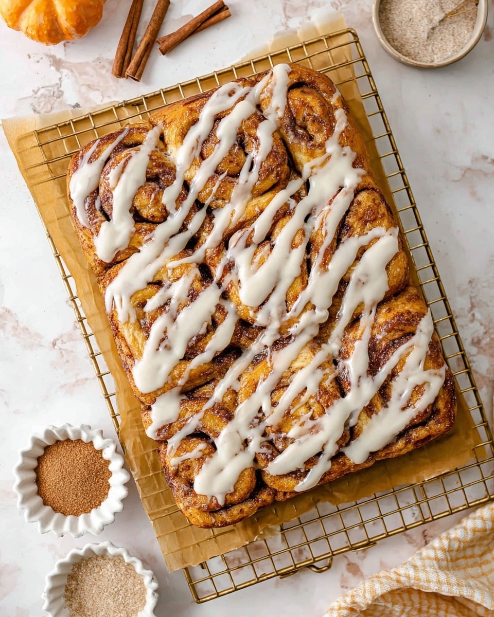 A rectangular cinnamon roll bake is shown on a gold wire cooling rack placed over parchment paper on a white marbled surface. The top layer is drizzled with white icing sauce that spreads unevenly and pools in some spots, creating a creamy texture. Beneath the icing, the golden-brown baked dough is swirled with darker cinnamon spice streaks, showing a textured and slightly crispy surface. Around the rack, small white fluted dishes hold cinnamon powder and light brown sugar, adding to the warm, cozy feel of the dish. Photo taken with an iphone --ar 4:5 --v 7