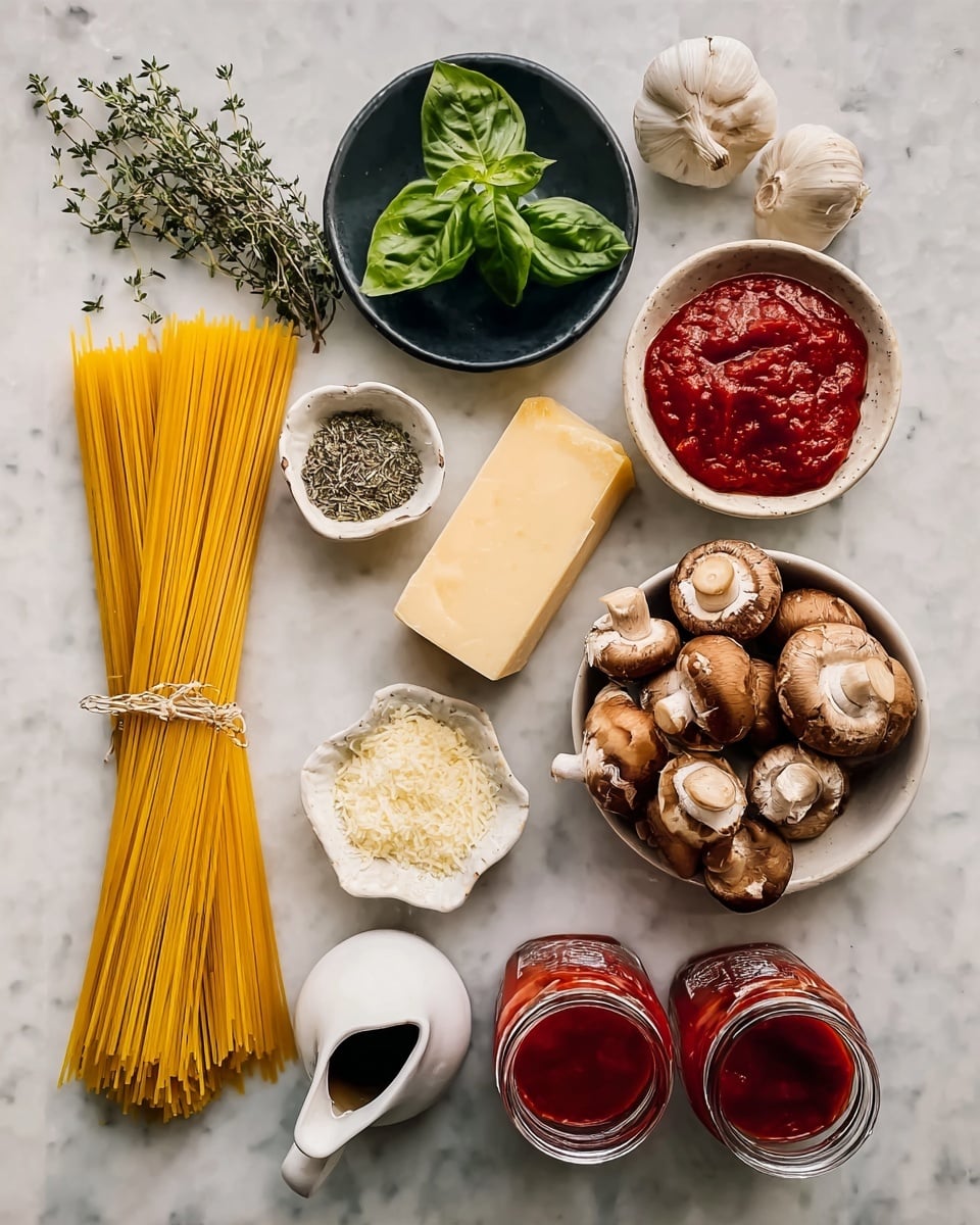 The image shows ingredients neatly arranged on a white marbled surface. On the left, there is a bundle of uncooked yellow spaghetti tied with a string, next to fresh green thyme sprigs. Above the spaghetti, a small black bowl holds bright green basil leaves. Near the center, a wedge of pale yellow cheese sits beside a small white dish containing mixed dried herbs and salt. To the right, a white bowl is filled with light to medium brown whole mushrooms with some showing the white inside caps. Above it, two garlic cloves rest on the marble. Nearby, a small white textured dish holds a dollop of rich red tomato paste, and next to it is a tiny white pitcher filled with dark balsamic vinegar. At the bottom, two jars contain red tomato pieces and smooth red tomato sauce. photo taken with an iphone --ar 4:5 --v 7