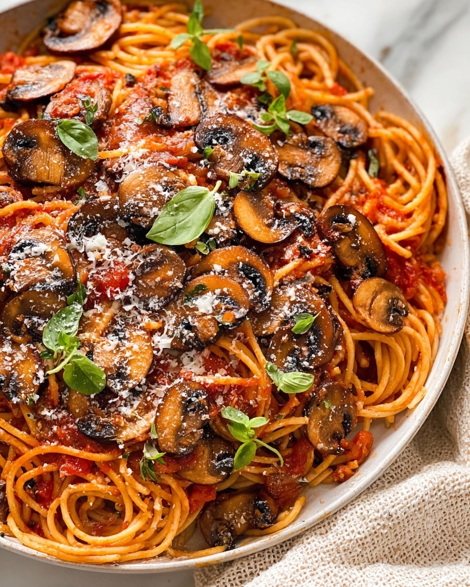 A close-up of a white bowl filled with spaghetti pasta layered with red tomato sauce, topped with browned slices of mushrooms evenly spread on top. There are small green basil leaves and tiny green herb sprigs scattered over the noodles and mushrooms. White grated cheese is sprinkled across the dish, adding a light texture on the surface. The bowl sits on a white marbled background with a light-colored textured cloth near the edge. Photo taken with an iphone --ar 4:5 --v 7