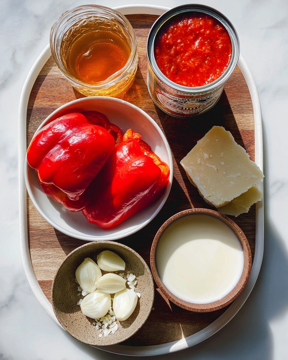 Tomato and Roasted Red Pepper Soup Recipe 4 The image shows a white oval tray with a wooden cutting board placed on it, set on a white marbled surface. On the cutting board, there are several ingredients arranged neatly: at the top left, a small glass jar filled with a light amber liquid; next to it on the right, an open can filled with bright red tomato sauce. Below the jar and can, a white bowl contains three large vibrant red roasted pepper halves with shiny, soft textures. To the right of the peppers, a brown small bowl holds a smooth creamy white liquid. Below this bowl, a rustic small bowl is filled with finely chopped garlic pieces. At the bottom left of the cutting board, two halves of a white onion showing their layers are placed beside a solid chunk of light tan Parmesan cheese with a rough texture. The lighting is bright and natural, highlighting the colors and textures of the ingredients. photo taken with an iphone --ar 4:5 --v 7