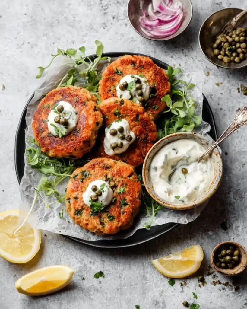 Pan Seared Salmon Cakes with Creamy Yogurt Sauce Recipe