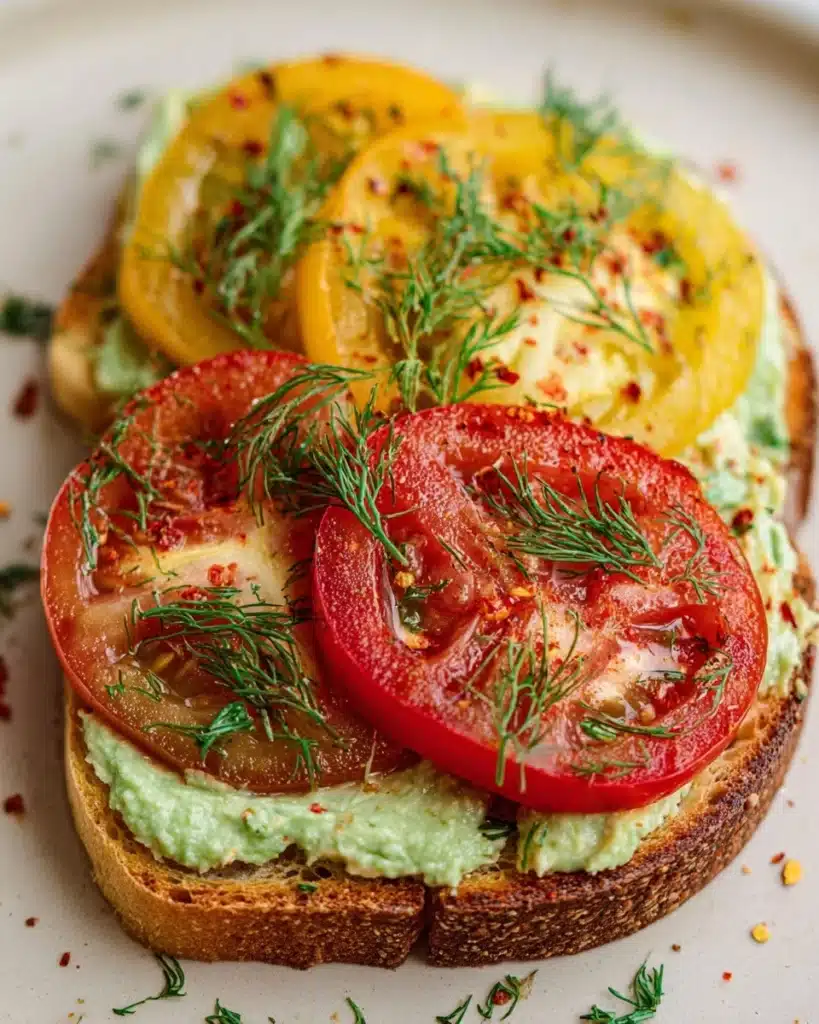Marinated Tomato Toast with Garlic Dill Edamame Spread Recipe