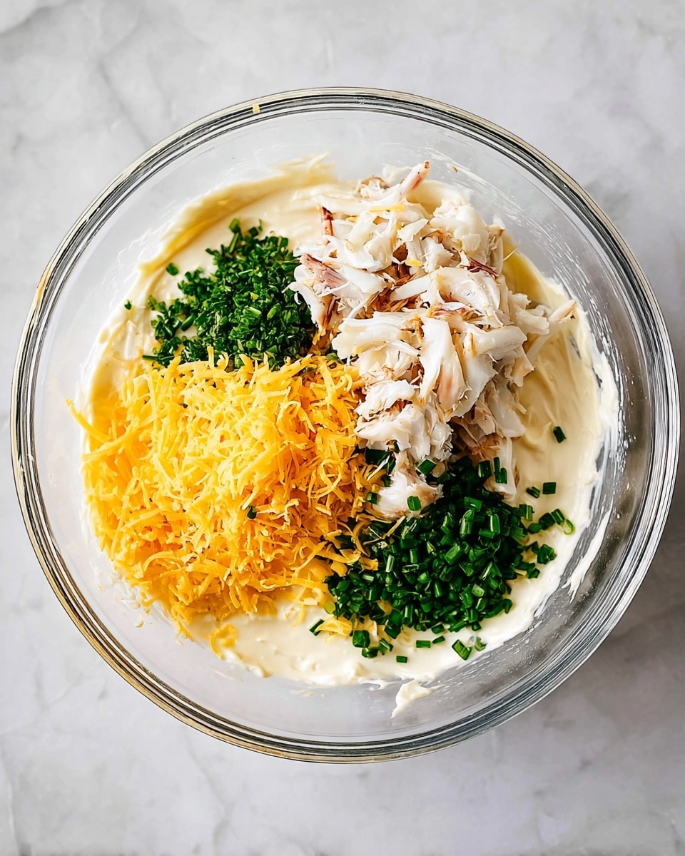A clear glass bowl sits on a white marbled surface filled with four layers of ingredients. The first layer is a smooth, creamy white mixture coating the bottom and sides of the bowl. On top of this base, bright yellow shredded cheddar cheese rests on the right side, vibrant green chopped chives pile up on the left side, and in the center, there are flakes and pieces of white crab meat with a few light brown edges. The ingredients are unmixed, showing distinct colors and textures in the bowl. photo taken with an iphone --ar 4:5 --v 7