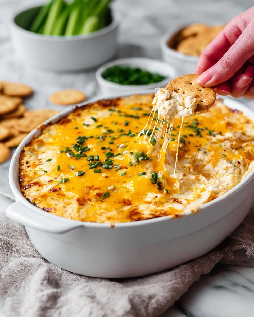 A white oval dish filled with a thick layer of creamy baked dip topped with melted golden-yellow cheese and sprinkled with small green chopped herbs, likely chives. A woman's hand is holding a light brown, rectangular cracker dipped in the cheesy mixture, with strings of melted cheese stretching from the dish to the cracker. The dish sits on a white marbled surface with a light gray cloth underneath, and in the background, there are white bowls containing green vegetables and more chopped herbs slightly out of focus. photo taken with an iphone --ar 4:5 --v 7