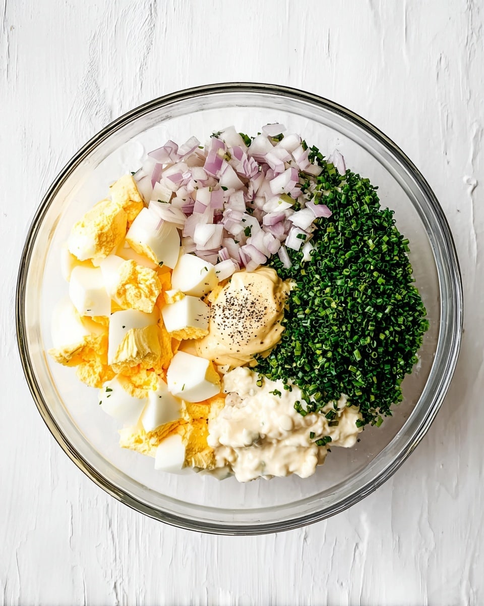 A clear glass bowl sits on a white marbled surface, showing five separate layers of ingredients arranged side by side without mixing. The first layer contains small, pale purple chopped onions with a slightly translucent look. Next to it is a dense pile of fine chopped dark green chives. The third layer holds creamy off-white mayonnaise with a smooth texture. Beside the mayonnaise is a thick, pale yellow mustard dollop. The final large section features chopped hard-boiled eggs with bright yellow yolks and firm white parts. There is also a small sprinkle of black pepper on the mayonnaise layer. photo taken with an iphone --ar 4:5 --v 7