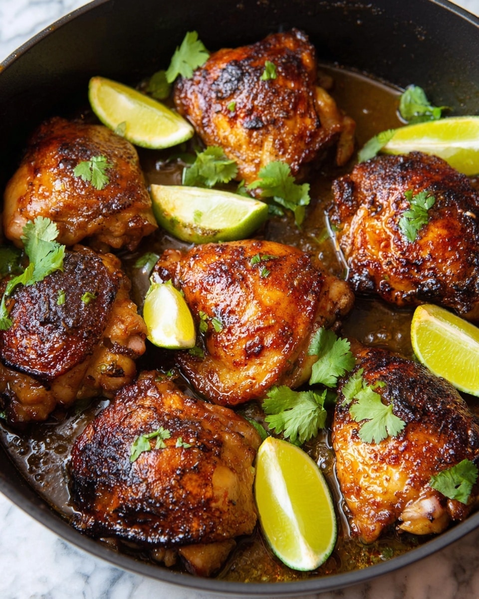 The image shows a black cooking pan filled with seven pieces of roasted chicken thighs. Each piece has crispy, brown, slightly charred skin with a shiny glaze from the cooking juices in the pan. Around the chicken pieces are bright green lime wedges, some placed between the thighs and others on top. Fresh green cilantro leaves are scattered on the chicken pieces, adding a fresh touch. The pan and food sit on a white marbled surface. Photo taken with an iphone --ar 4:5 --v 7