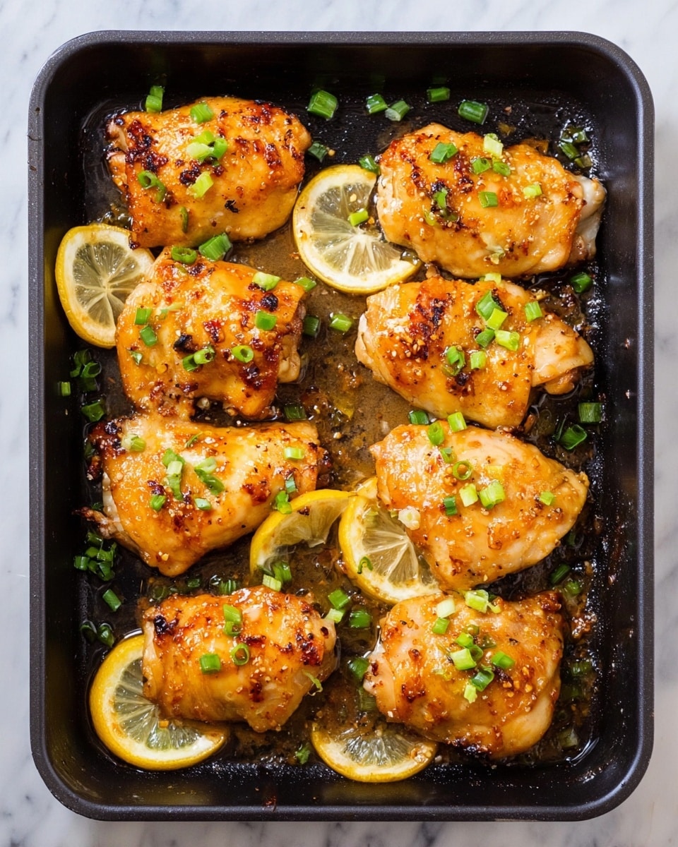 The image shows a black baking pan filled with eight pieces of golden-brown cooked chicken, arranged in two rows. Each chicken piece has a slightly crispy texture with a shiny glaze and is sprinkled with chopped green onions. Between the chicken pieces, thin lemon slices are placed, adding bright yellow and light translucent colors. The pan has some cooked sauce and small bits of seasoning scattered around, sitting on a white marbled surface. Photo taken with an iphone --ar 4:5 --v 7