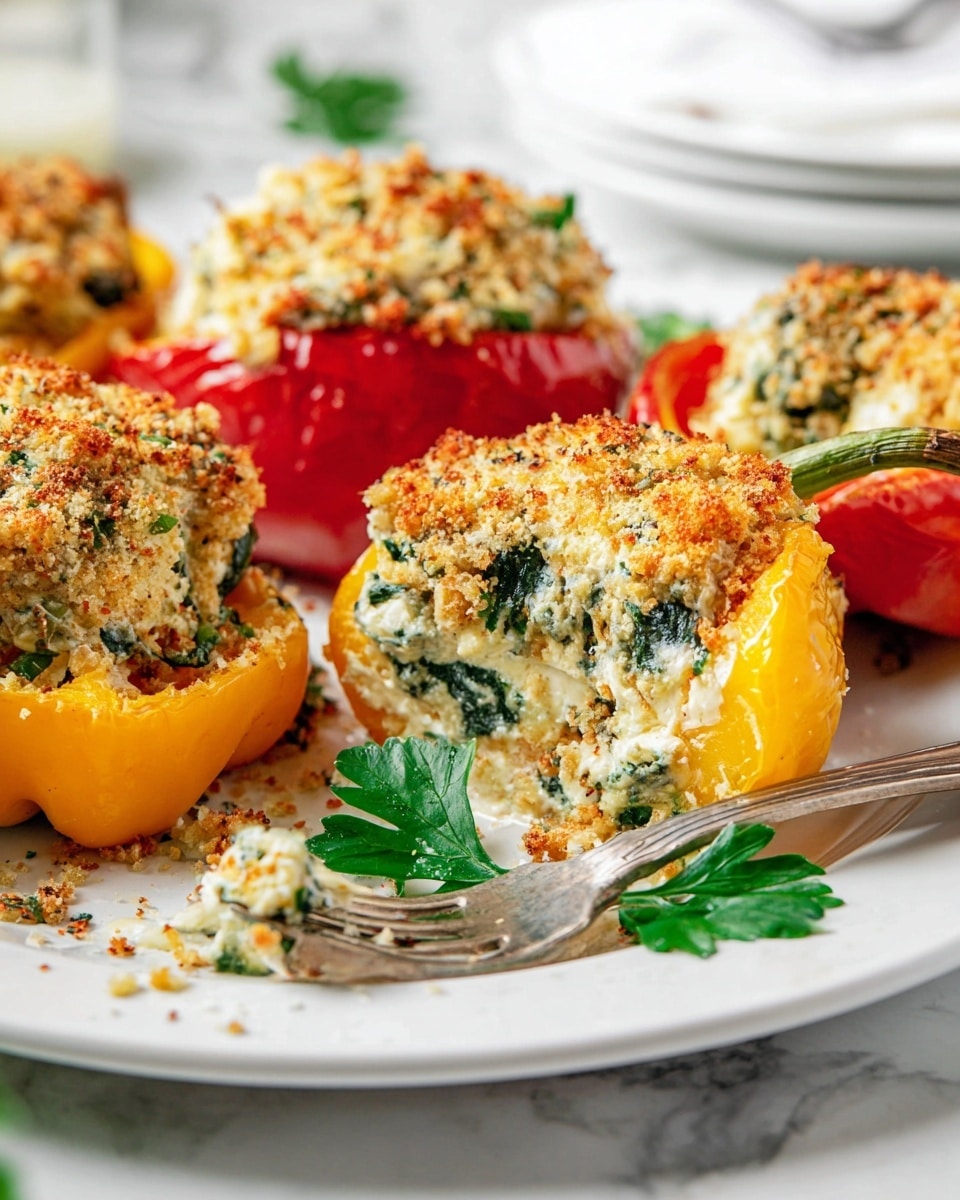 The image shows stuffed bell peppers on a white plate with a white marbled surface underneath. Each pepper is cut in half, filled with a creamy white mixture with visible green spinach leaves, and topped with a golden brown crumbly crust. There are red, yellow, and green pepper halves, with one yellow pepper half cut to show inside layers: a bright yellow pepper base, a thick white spinach and cheese filling with green leaves, and a crispy light brown topping sprinkled with small crumbs. The foreground features a fork on the plate, and some green parsley is placed between the peppers for decoration. Photo taken with an iphone --ar 4:5 --v 7