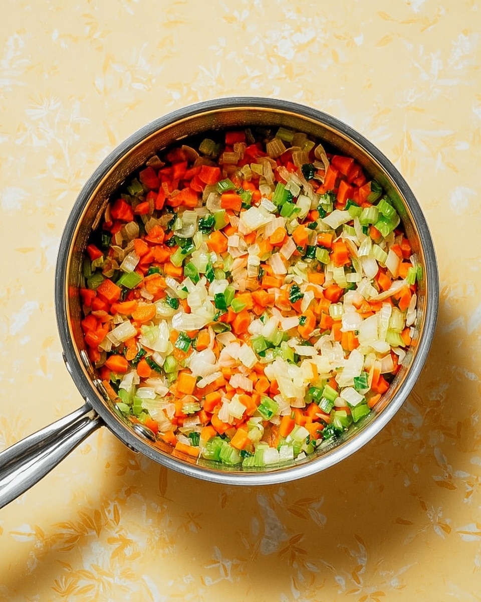 A metal cooking pot filled with chopped vegetables including orange carrots, white onions, and green celery. The vegetables are mixed evenly, showing different textures from the soft onions to the crisp carrots and celery. The pot has a shiny metal handle and is placed on a white marbled surface. The background shows a light yellow with a faint floral pattern. photo taken with an iphone --ar 4:5 --v 7