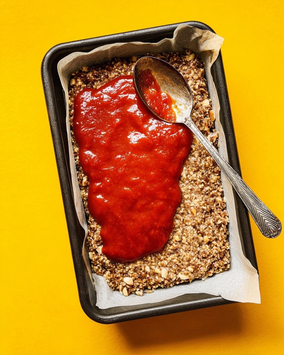 The image shows a black rectangular baking pan lined with white parchment paper filled with a thick, rough-textured, brownish mixture that includes visible bits of chopped ingredients like nuts or grains. On top of this base is a smooth, shiny, bright red layer of sauce being spread with a hammered silver spoon positioned on the right side of the pan. The pan rests on a bright yellow background, creating a bold and colorful contrast. photo taken with an iphone --ar 4:5 --v 7