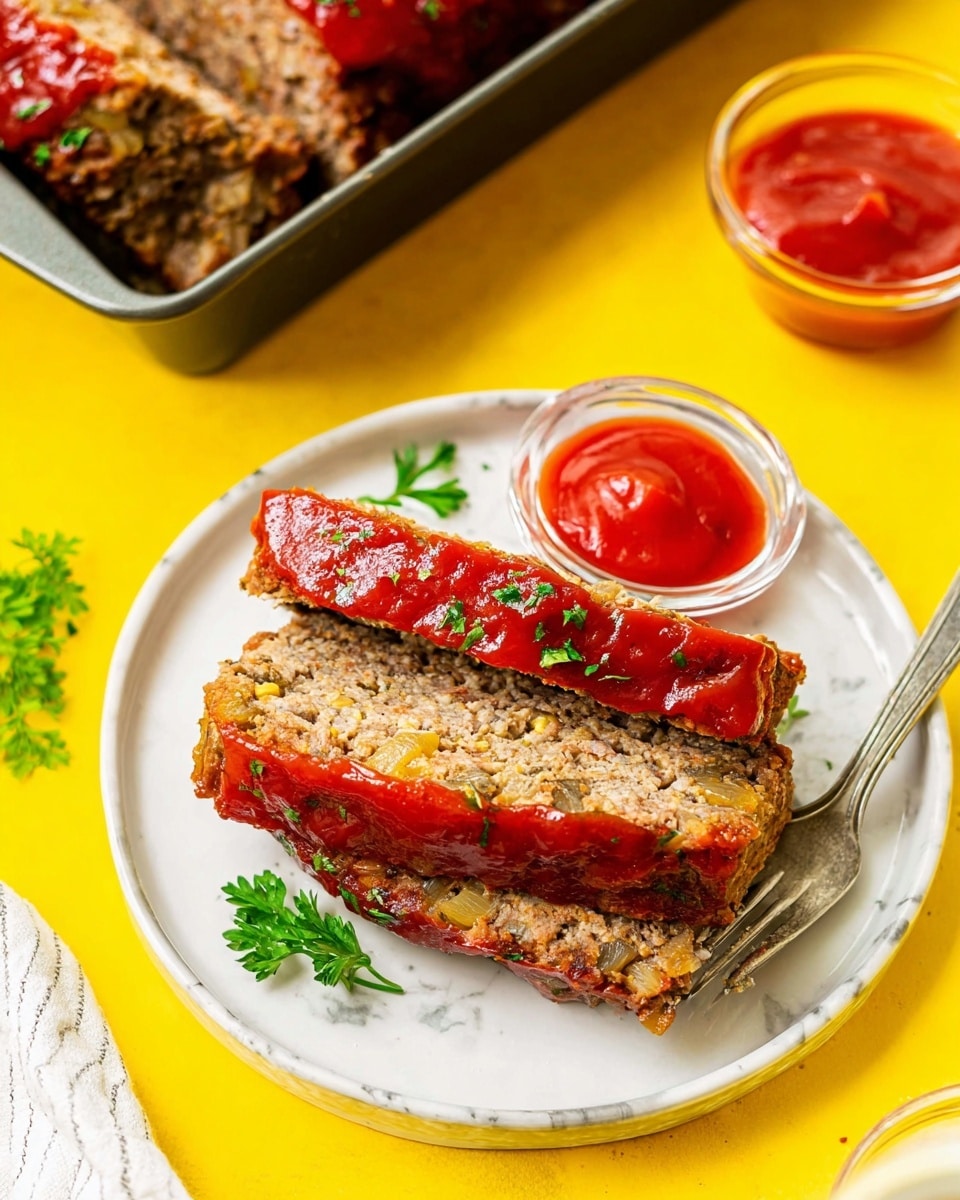 Two thick slices of meatloaf with a shiny red tomato glaze on top are stacked slightly on a white plate. The meatloaf texture looks firm and mixed with small bits of onion. A small glass bowl filled with bright red ketchup sits next to the slices, garnished with green parsley leaves near it. A shiny silver fork rests on the plate’s edge, and the scene is set on a bright yellow background with a white marbled texture underneath. In the corner, part of a pan shows more glazed meatloaf pieces with parsley sprinkled on top. Photo taken with an iphone --ar 4:5 --v 7