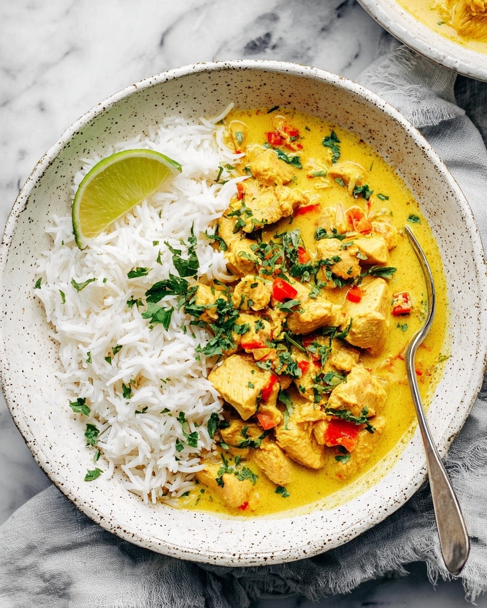 The image shows a white speckled bowl filled with two main layers. On the left side, there is a layer of fluffy white rice with a small wedge of lime on top. On the right side, there is a creamy yellow curry with chunks of chicken and small red bell pepper pieces, all mixed in a smooth sauce. The curry is garnished with chopped green herbs scattered on top, adding a fresh touch. A silver fork is placed on the left edge of the bowl, partially resting on the rice. The bowl sits on a light gray cloth on a white marbled surface. Photo taken with an iphone --ar 4:5 --v 7