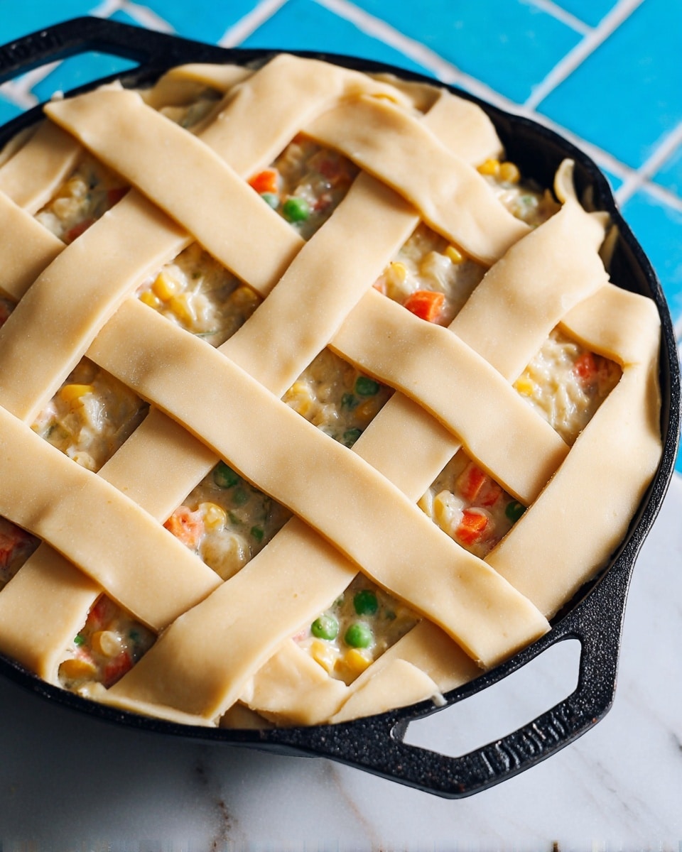 The image shows a close-up of a round black cast iron pan filled with a creamy vegetable filling including visible peas, carrots, chickpeas, and corn. On top, there is a lattice layer made of thick, smooth pale yellow dough strips woven over the filling, with some dough edges hanging slightly over the pan. The pan sits on a white marbled surface with a bright blue tiled pattern partially visible. The photo taken with an iphone --ar 4:5 --v 7