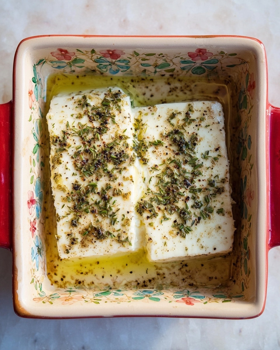 The image shows a white rectangular baking dish with colorful flower patterns on the inside edges, filled with two large, thick white cheese blocks side by side. The cheese is sprinkled with green herbs and black pepper on top, and there is a light layer of oily liquid surrounding the cheese at the bottom of the dish. The dish has red handles on both sides and is placed on a white marbled surface. photo taken with an iphone --ar 4:5 --v 7