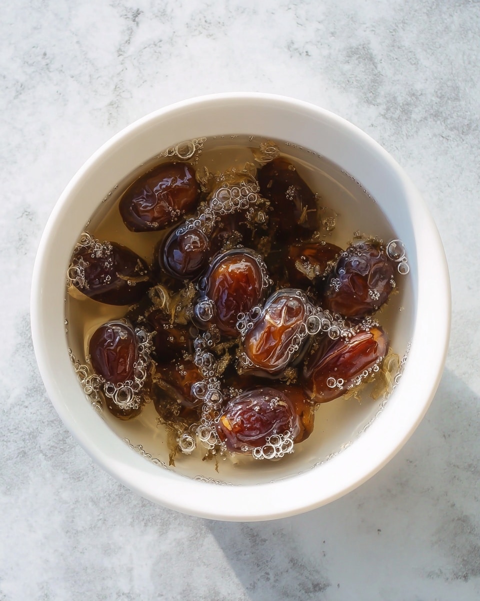 A white bowl is filled with dark brown dates soaked in clear water, showing some loosened date skins floating around. The water bubbles lightly and the bowl sits on a white marbled surface. The scene is simple and focused on the soaked dates. photo taken with an iphone --ar 4:5 --v 7