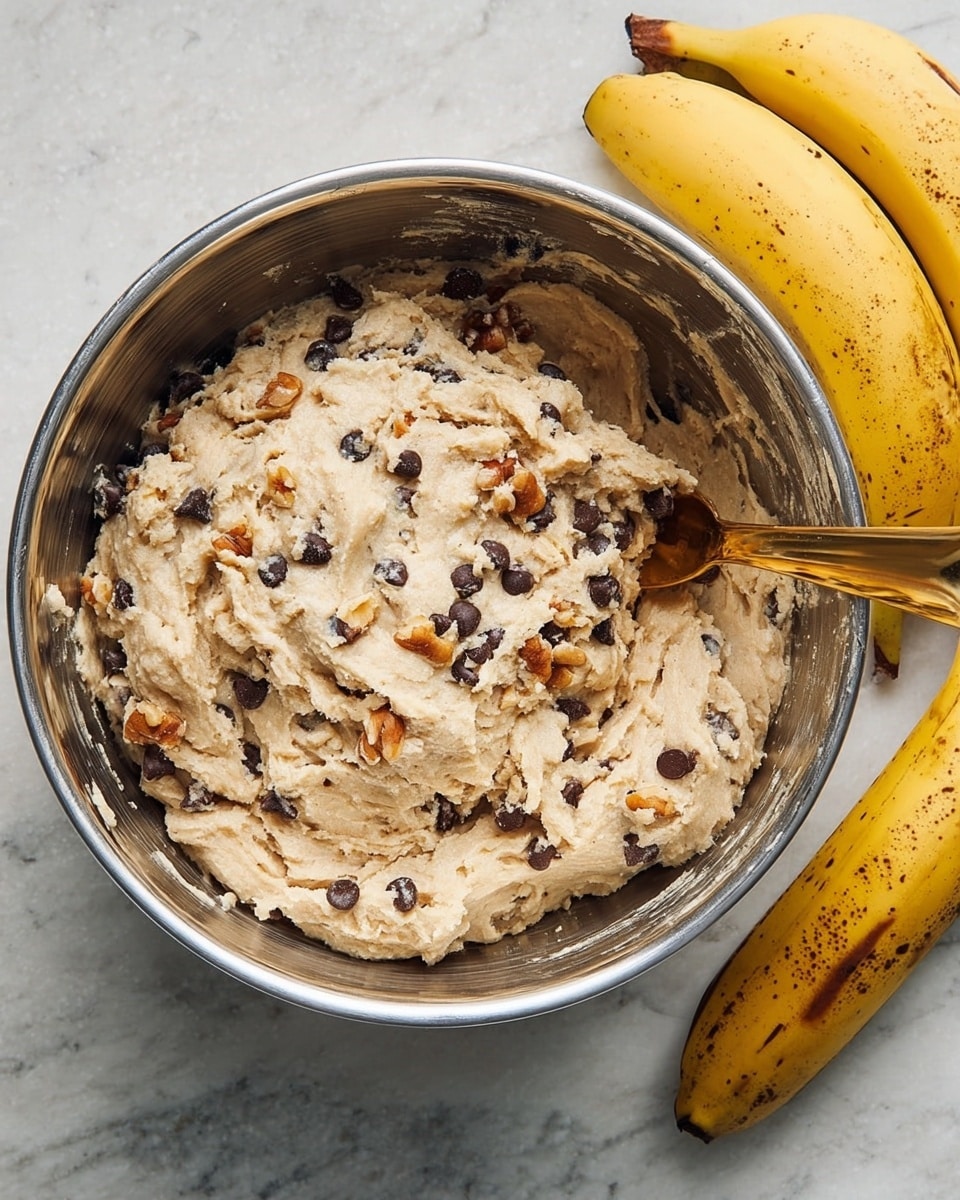 A shiny metal bowl filled with thick, light beige dough mixed with small dark chocolate chips and chopped nuts spread evenly throughout. A gold-colored spoon is partially submerged on the right side of the dough. Two ripe yellow bananas with brown spots lie next to the bowl, all placed on a white marbled surface. photo taken with an iphone --ar 4:5 --v 7