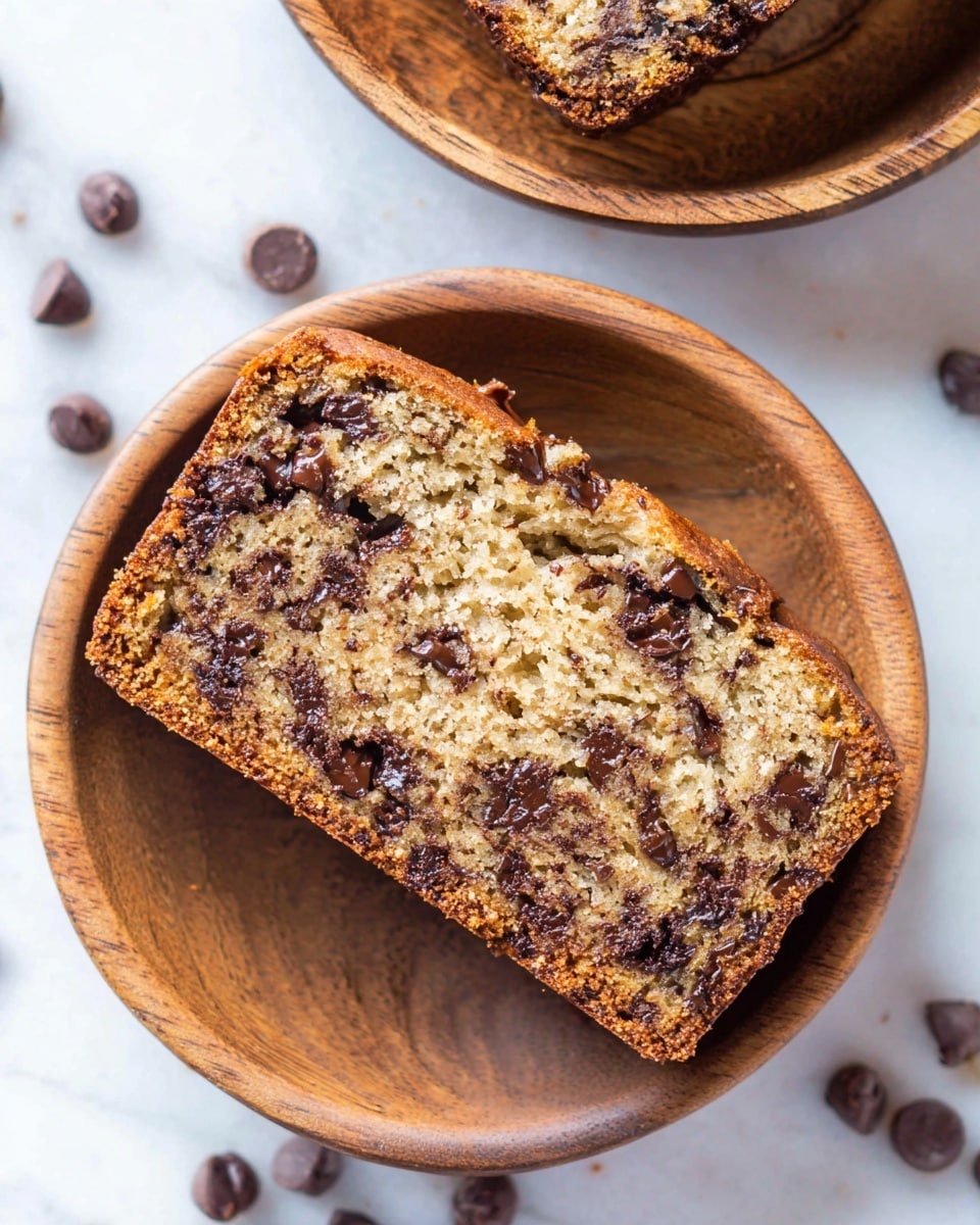 A single slice of moist chocolate chip banana bread rests centrally in a round wooden bowl, showing its inside texture filled with dark brown chocolate chips unevenly spread. The bread crust is light golden brown with a slightly rough texture around the edges. Around the bowl, a few loose chocolate chips are scattered on a white marbled surface. In the top part of the image, another wooden bowl with a similar slice is partially visible. The lighting highlights the soft, crumbly texture of the banana bread and the shiny, melted chocolate spots, giving a fresh and inviting look. Photo taken with an iphone --ar 4:5 --v 7