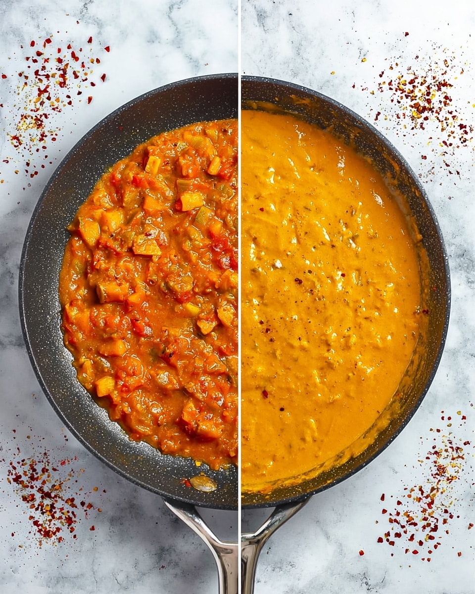 The image shows two side-by-side views of a black frying pan with a silver handle on a white marbled surface. The left side displays a thick, chunky reddish-orange sauce with visible pieces of cooked vegetables and spices, with a slightly oily texture around the edges. The right side shows the same pan filled with a smooth, creamy, bright orange sauce evenly covering the ingredients, with some of the sauce spreading slightly onto the sides of the pan. The background has scattered red chili flakes adding texture and color contrast. photo taken with an iphone --ar 4:5 --v 7