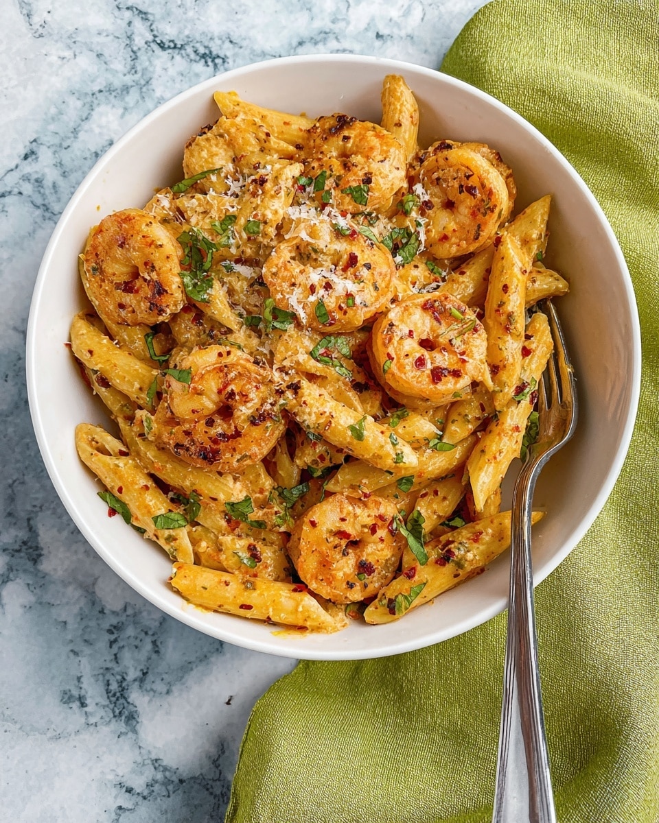 A white bowl holds a creamy shrimp penne pasta dish with visible large shrimp sitting on top, mixed with pasta tubes all coated in a light orange sauce. The shrimp have a slight char with specks of seasoning, and fresh green herbs are scattered on top with a light sprinkle of grated cheese. Inside the bowl, a silver fork rests on the right side, partially immersed in the pasta. The bowl is placed on a white marbled surface, with a green cloth napkin slightly folded behind the bowl. photo taken with an iphone --ar 4:5 --v 7