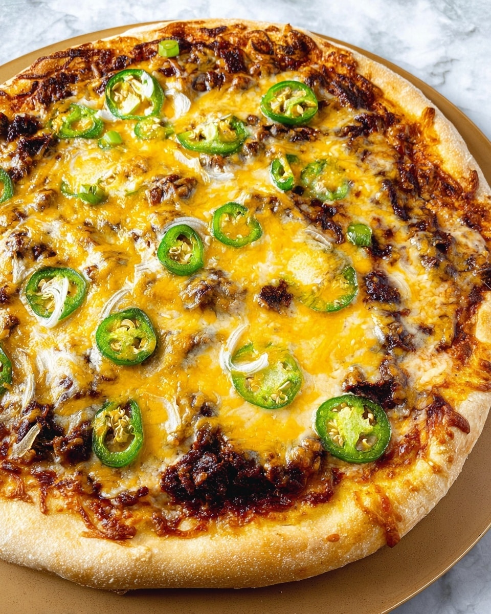 A pizza with one visible layer of golden brown crust that has a soft, slightly puffy edge. On top, there is a thick layer of melted yellow and white cheese mixing smoothly, covering the surface. Scattered on the cheese are bright green jalapeño slices with visible seeds, some slightly cooked. There are also small dark brown pieces of cooked meat spread irregularly across the cheese. The pizza is placed on a light brown baking tray, sitting on a white marbled surface. photo taken with an iphone --ar 4:5 --v 7