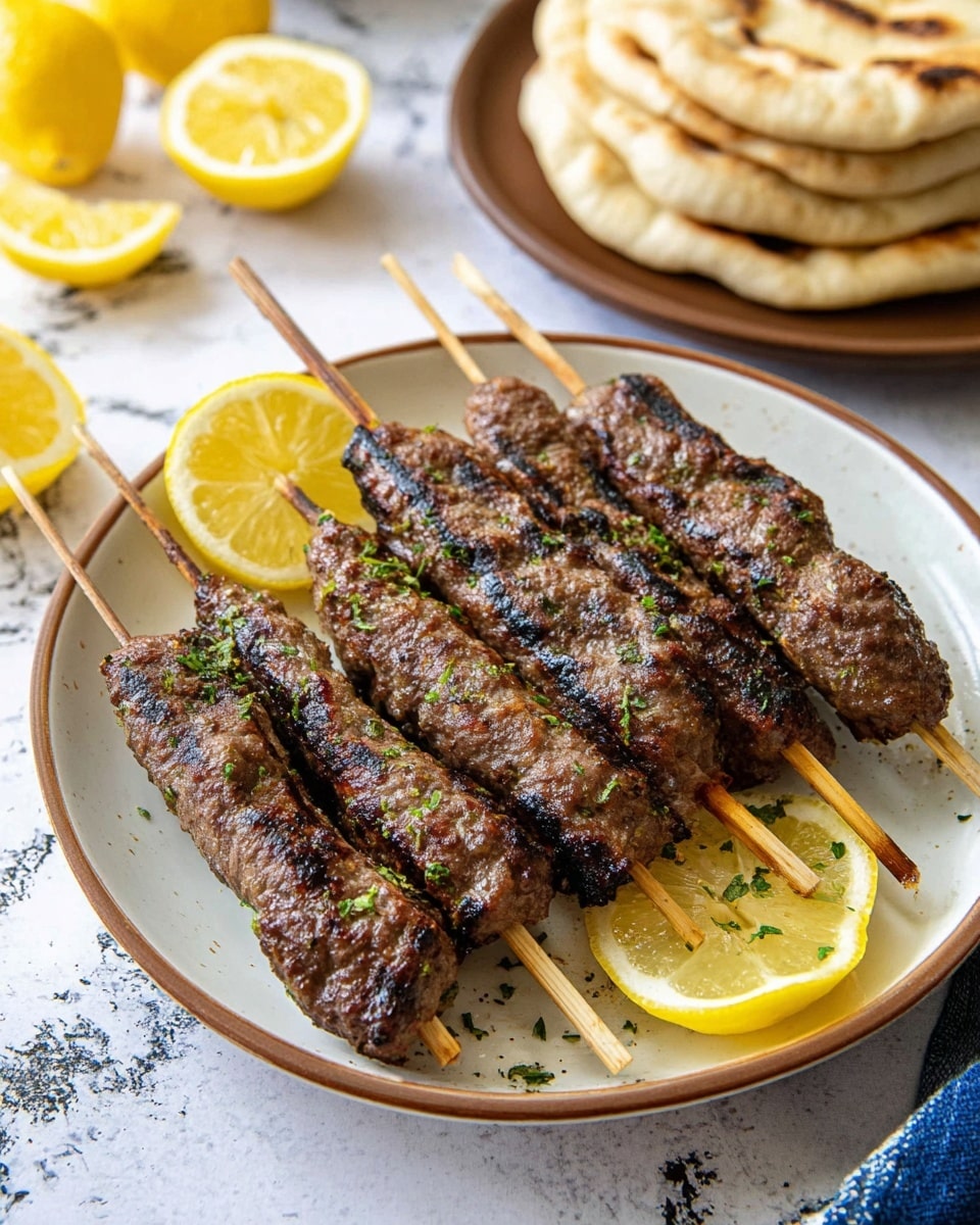 The image shows eight grilled meat kebabs on wooden skewers arranged on a white plate with a brown rim. Each kebab is browned with visible grill marks and sprinkled with small green herbs. Four lemon wedges are placed on the skewers, adding a bright yellow contrast on top of the kebabs. In the background, there is a stack of pita bread on a brown plate, and a white marbled surface with some lemon wedges scattered around it. The photo has bright natural lighting and vibrant colors. photo taken with an iphone --ar 4:5 --v 7