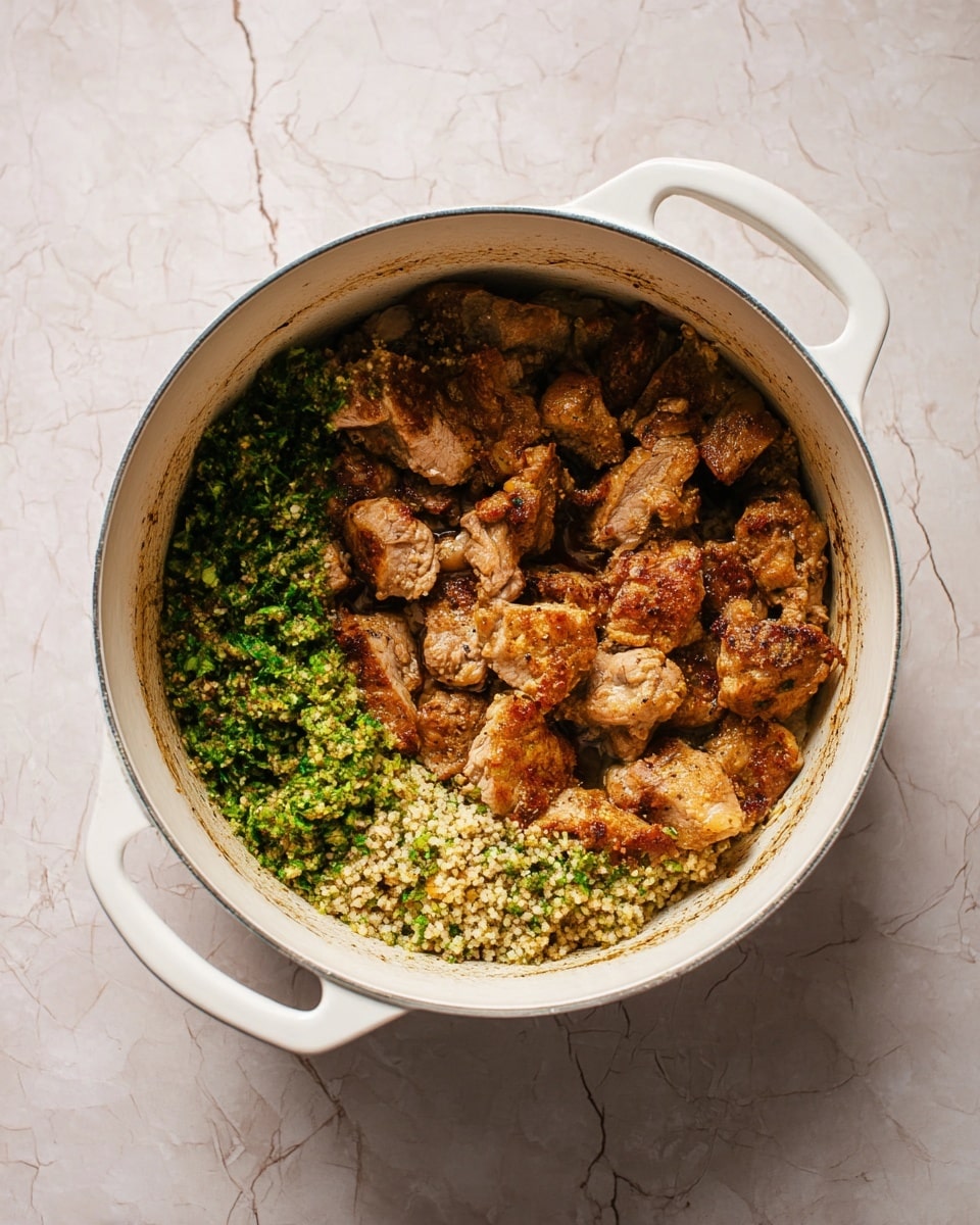 A white pot filled with cooked, browned pieces of meat placed on one side, showing a golden and slightly crispy texture with seasoning. On the other side inside the pot, there is a layer of finely chopped green vegetables mixed with small bits of light brown grains, surrounding the meat in a ring. The pot holds these layers clearly with the meat taking up the lower right section and the green vegetable and grains mix forming a curved strip along the top inner edge. The pot is resting on a white marbled textured surface. photo taken with an iphone --ar 4:5 --v 7