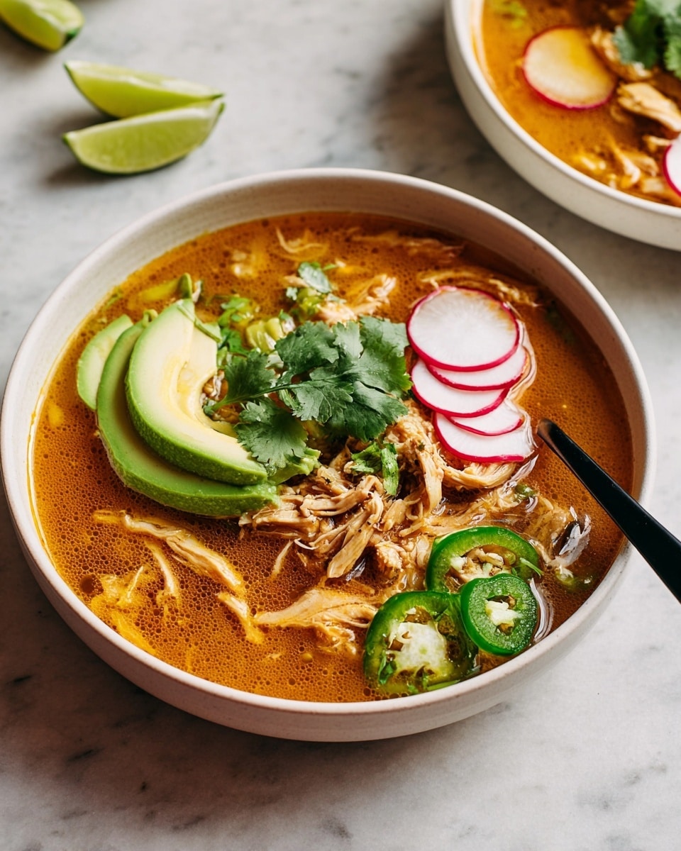 A white bowl filled with orange broth soup layered with shredded light brown chicken pieces spread throughout. On top, there are green avocado slices arranged in a fan shape near the center, thin green jalapeño rings placed to the right, along with a few cilantro leaves scattered around. Radish slices with white centers and pink edges are stacked in the middle. Thin lime slices are positioned near the jalapeños on the right side. A spoon with a black handle rests inside the bowl on the right. The bowl is on a white marbled surface. A second white bowl of the same soup is partially visible in the background. photo taken with an iphone --ar 4:5 --v 7