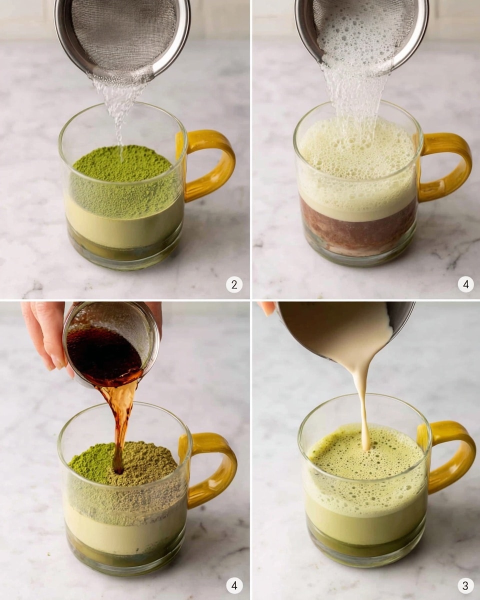 The image shows four close-up steps of making a creamy green tea drink in a clear glass cup with a yellow handle, placed on a white marbled surface. First, two powders, one bright green and one brown, form two thick crescent-shaped layers inside the cup. Next, water is being poured over the powders, with the drink whisked into a frothy, bubbly light green liquid filling the cup about halfway. Then, a woman's hand pours a dark brown liquid into the cup, creating a thin new layer on top of the frothy green tea. Lastly, a creamy white liquid is poured from a metal container into the cup, forming the final light beige top layer above the green tea base below. Photo taken with an iphone --ar 4:5 --v 7
