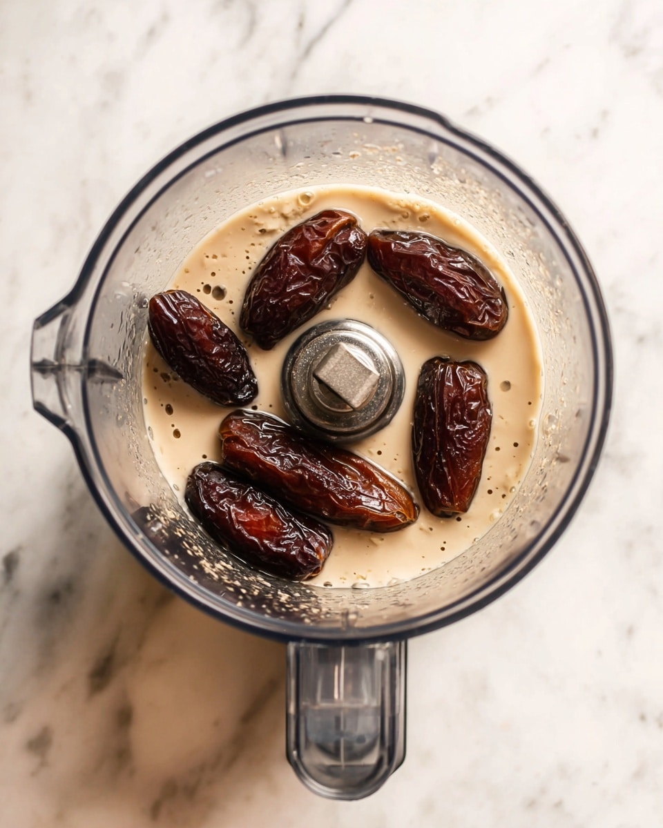 The image shows a clear blender bowl from the top, filled with a light beige liquid at the bottom and whole dark brown dates resting on top. The dates are wrinkled with shiny textures, spread unevenly across the liquid which covers the bottom layer. The blender blade sits in the middle, metallic with small droplets on it. The clear plastic handle is visible at the bottom center of the bowl. The bowl is placed on a white marbled surface. photo taken with an iphone --ar 4:5 --v 7