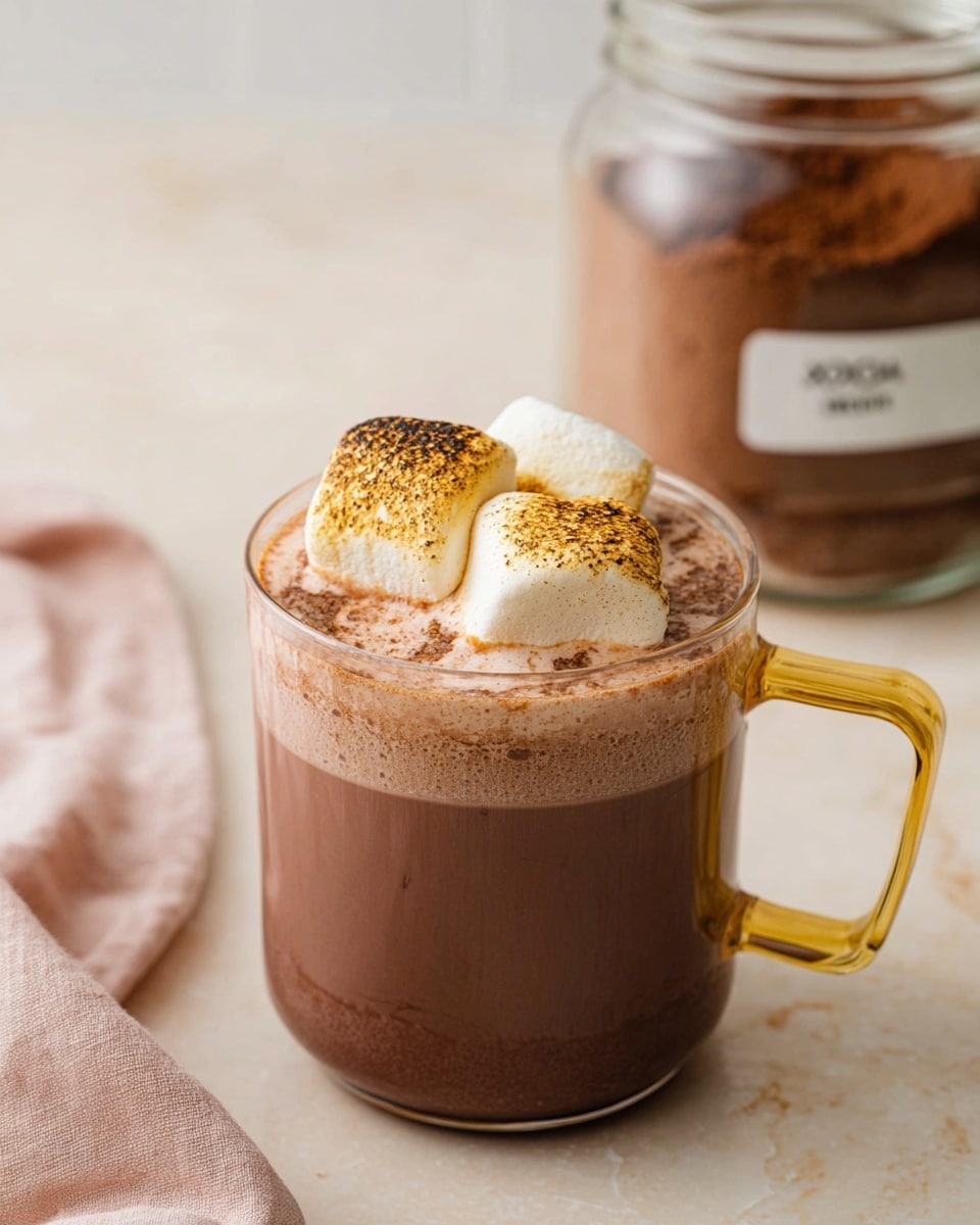 A clear glass cup with a yellow handle is filled with rich brown hot chocolate. On top, there are three large toasted marshmallows with a light brown burnt texture. The cup is placed on a light beige surface with a white marbled texture, and to the left side, a soft pink cloth is partly shown. In the background, a glass jar filled with cocoa mix and a white label is slightly blurred. Photo taken with an iphone --ar 4:5 --v 7